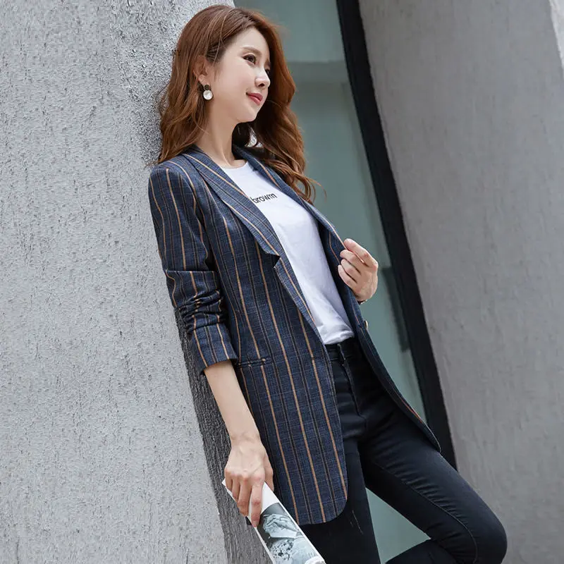 

Women Suit Coat Ladies 2021 Blazers Spring Autumn New Style Mid-Length Casual Slim Plaid 3XL Size