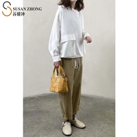 women shirts female blouse lady top 2021 spring natural normcore casual stripe print cotton turn down collar drop shoulder pleat