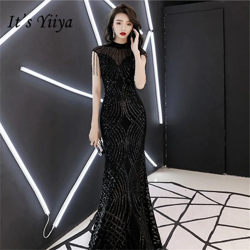 Женское вечернее платье до пола It's Yiiya черное без рукавов с круглым вырезом и