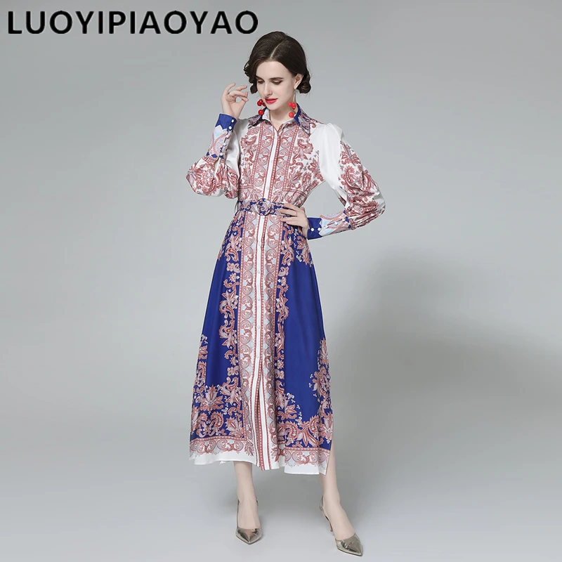

Runway Designer Floral Long Dress 2021 Spring Fashion Women's Long Sleeve Vintage Print Casual Maxi Dress Vestido De Festa D4221
