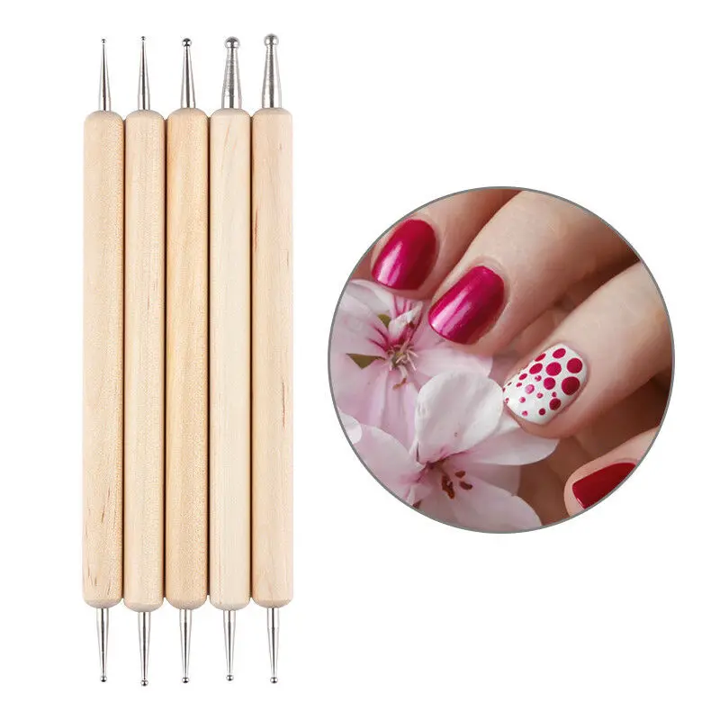 

5Pcs/set 2-Way Wooden Nail Art Dotting Dot Pen Marbleizing Manicure Tools DIY Nail Set of Tools Crystal Powder