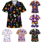 Женская Рабочая Униформа с принтом на Хэллоуин, аксессуары для медсестер, футболка с коротким рукавом и V-образным вырезом, карманами для работников, топы, блузка для клиники, 2021