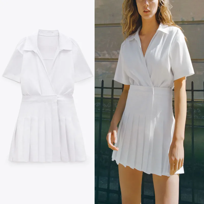 

Za 2021 White Pleated Mini Summer Dress Women Vintage Short Sleeve Office Lady Dresses Woman Fashion Front Hook Casual Vestidos