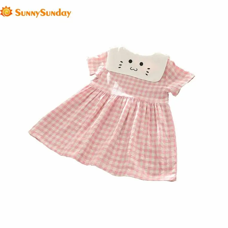 

Preppy Style INS 2018 Summer Girls' Casual Soft Cotton Embroidery Plaid Dress Cute O-Neck Short Sleeve Clothes Fit 2T-6T A079