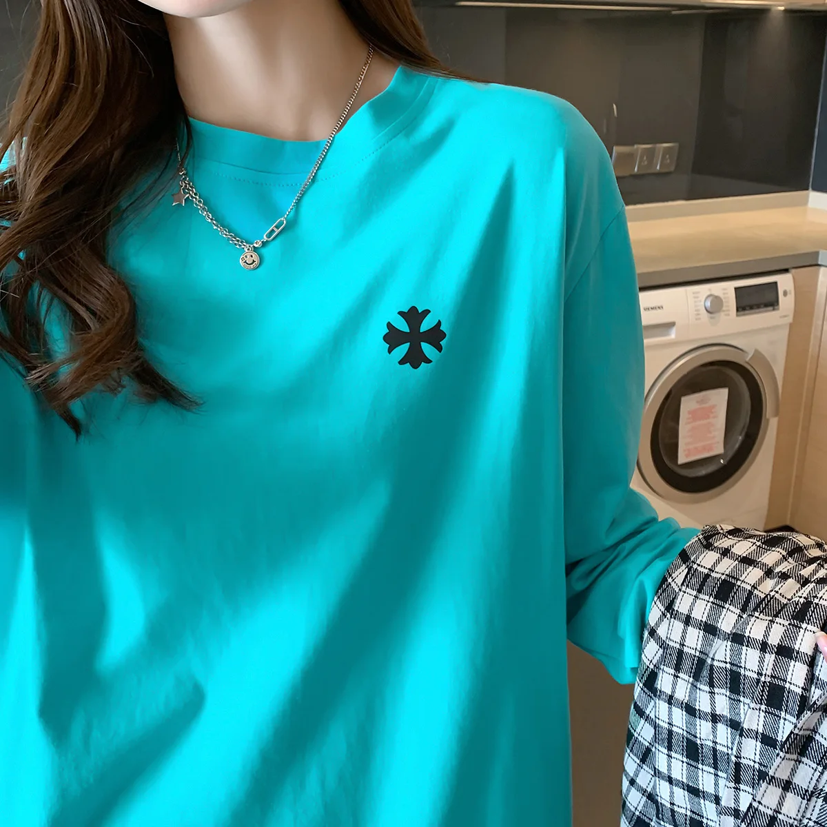 

100% Cotton Basic Smile T Shirt Women Long Sleeve Casual Crew Neck Top Solid Tee Shirt Loose Lady Female Tshirt M-2XL