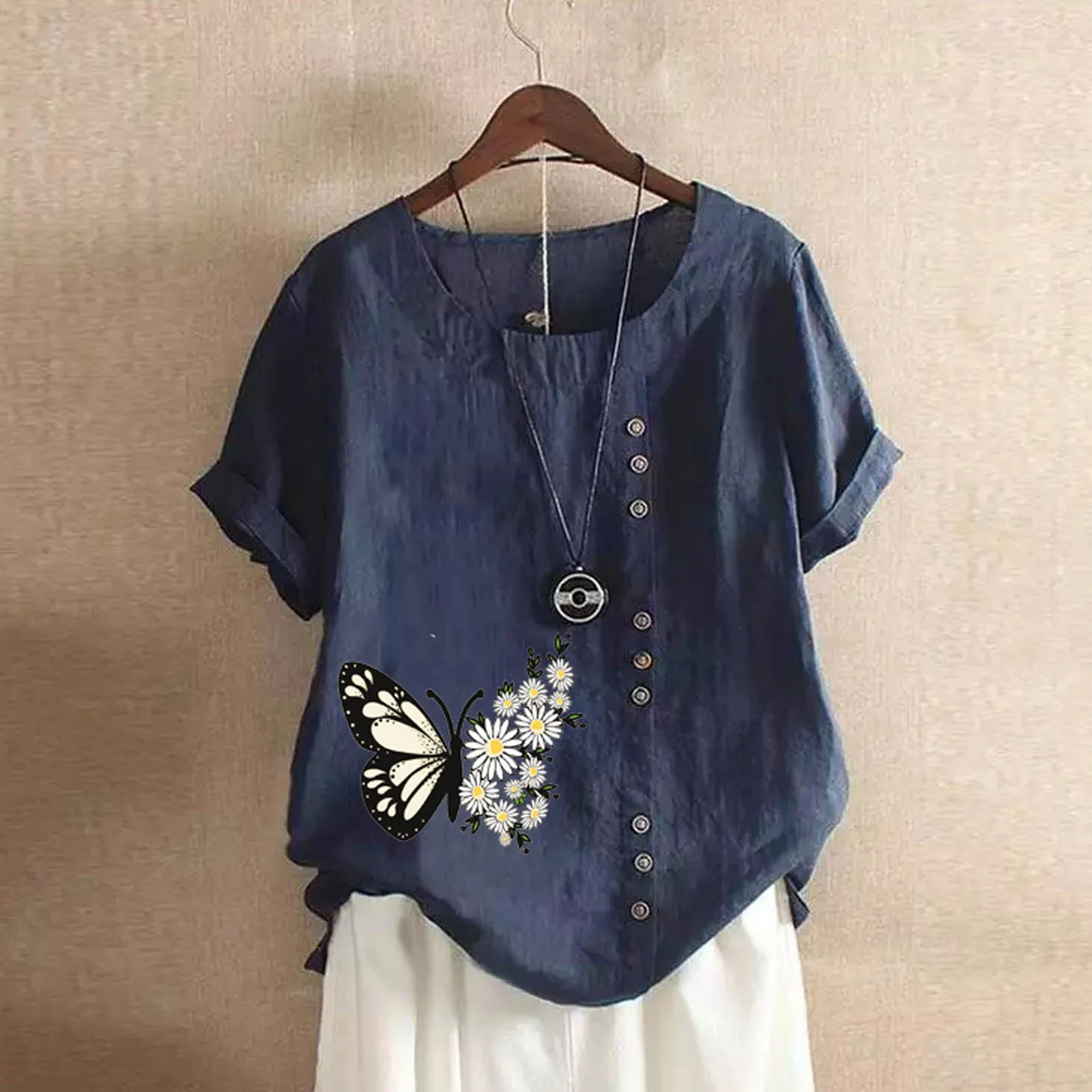 

Блузка женская с круглым вырезом и коротким рукавом, повседневный Свободный Топ с принтом бабочки, рубашка большого размера, на лето