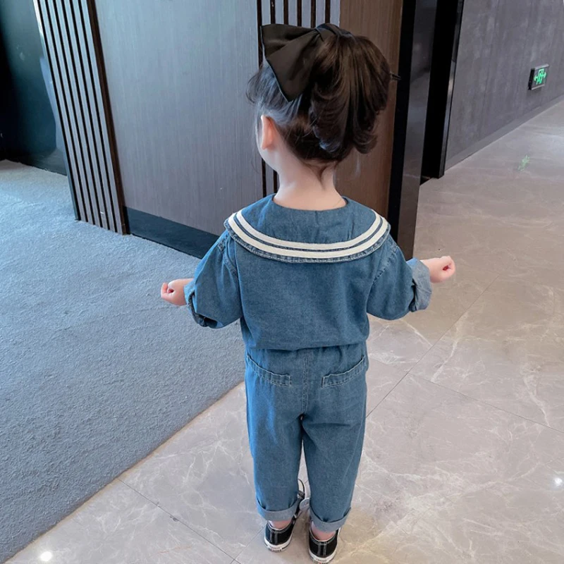 

Little Girl Denim Clothes Set Autumn Navy Collar Cardigan Jacket With Jeans 2 Piece 3-7Y Children Costumes Girls Casual Outfits