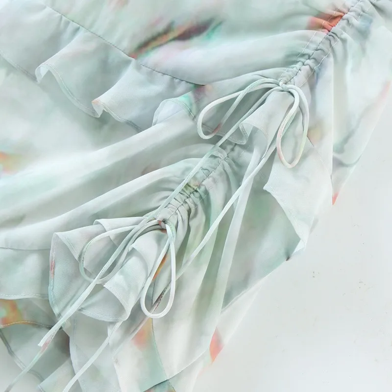 

Summer Sexy V Neck Beach Mini Dress Women Printed Short Sleeve A Line Ruffles Dress Female Chic Hollow Out Sundress