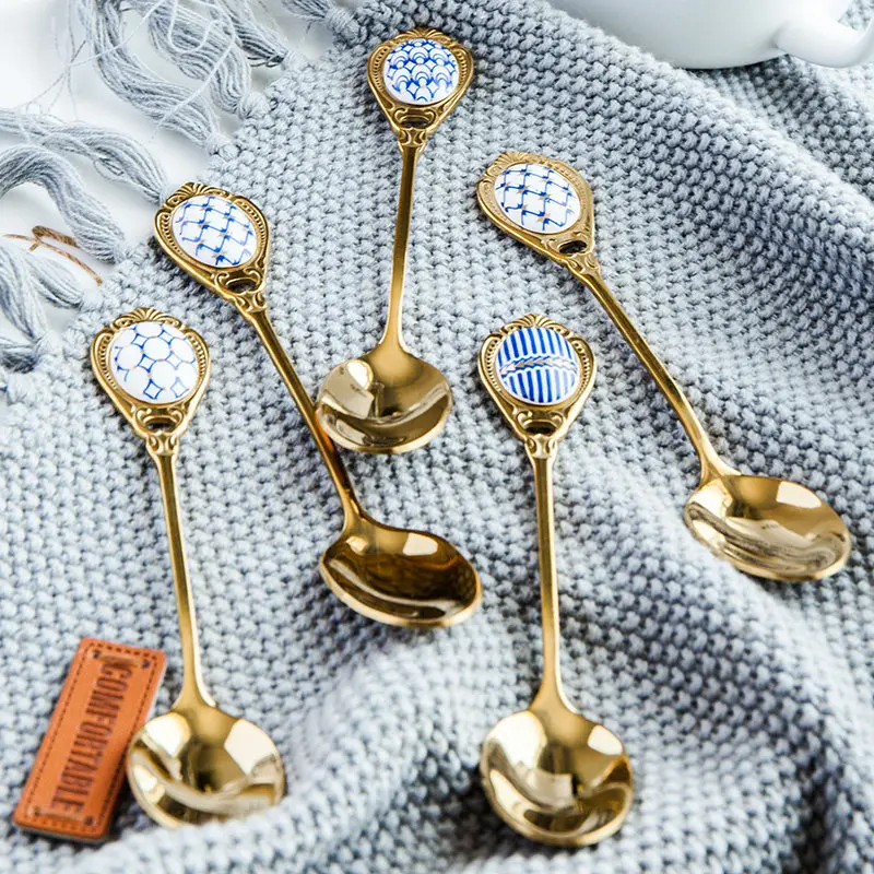 Креативная десертная ложка из нержавеющей стали круглая Золотая чайная для