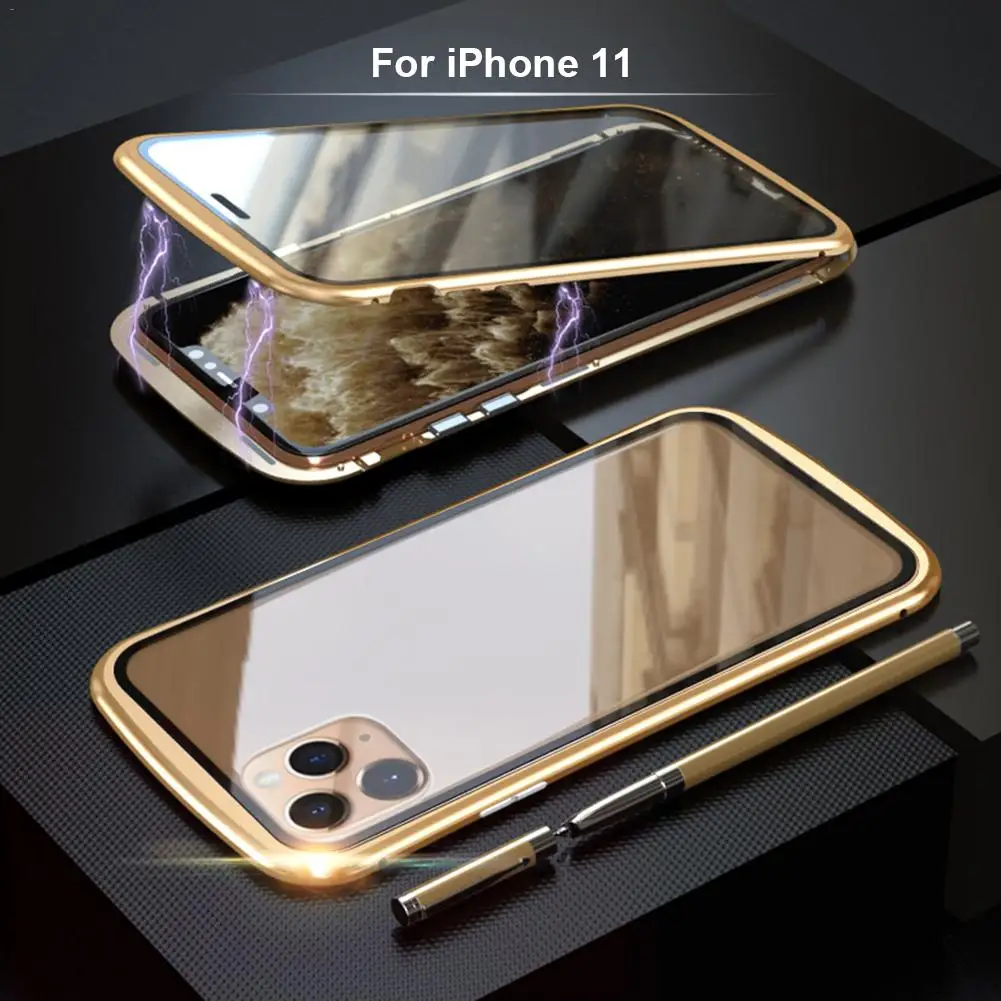 Магнитный адсорбционный Чехол для мобильного телефона IPhone 11 Pro Max металлическая рамка двойное закаленное стекло покрытие магнитное притяжение