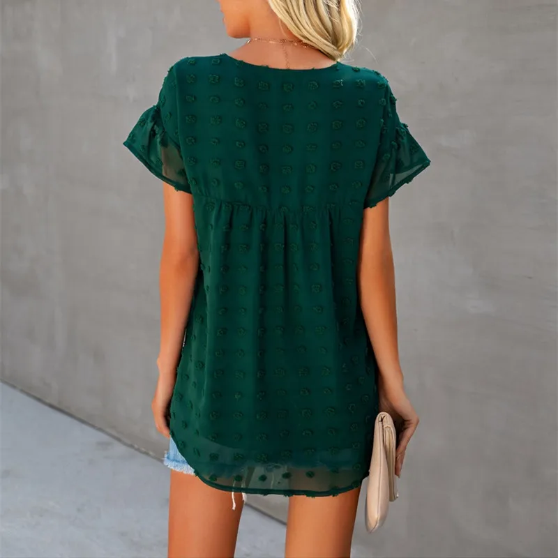 

Summer Spring 2021 New Ladies Fashion Blouse V Neck Solid Loose Short Sleeve Street Style Pleating Women's Dress