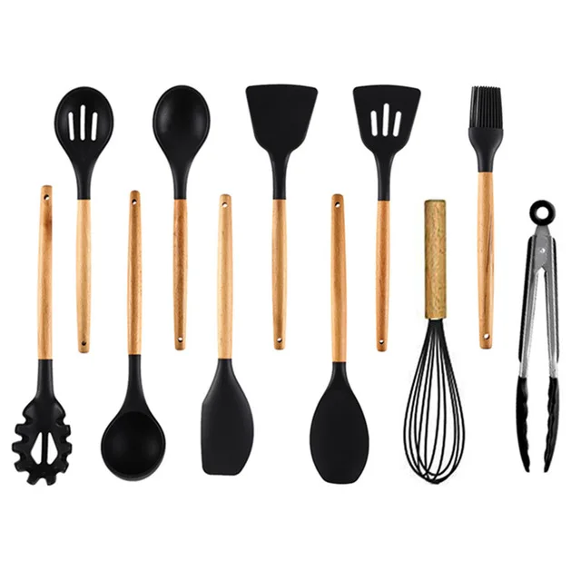 11pcs 5-13 шт силиконовые инструменты для приготовления пищи набор кухонной посуды с ящиком для хранения токарные щипцы шпатель с деревянной ручкой Антипригарная посуда - Цвет: 11pcs