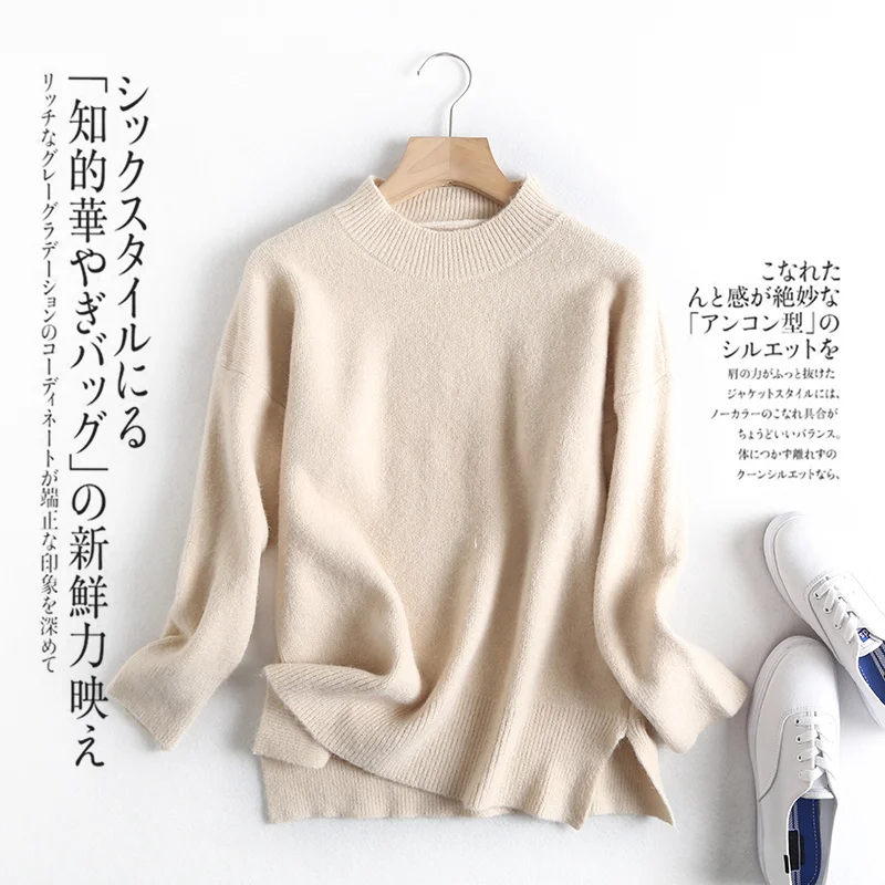 

Женский свитер с круглым вырезом, однотонный пуловер с разрезом, с длинным рукавом, зима 2021