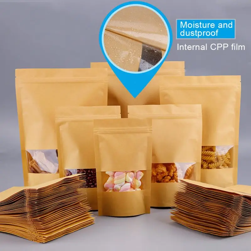 

100pcs Kraft Stand Up Bags Pouche Zip Lock Brown With Window Stand Up Reusable Heat-Sealable Tea Coffee Bean Candy Packaging
