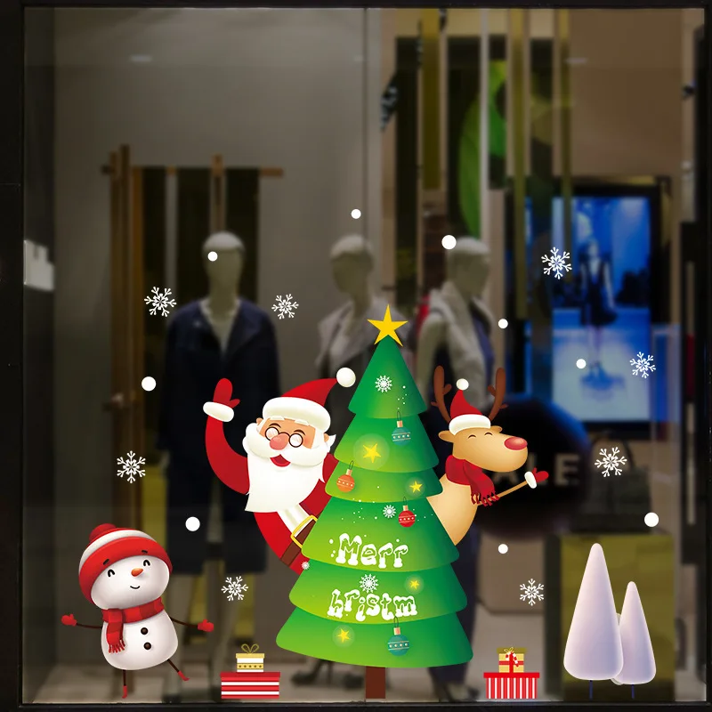 

2021 Cartoon Christmas Elk Theme Shop Window Sticker Modern Art Mural Home Wall Sticker Decoration Double-sided Decal