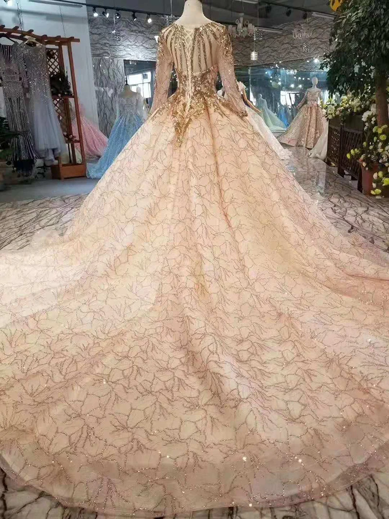 BGW 22916ht Luxury Evening Dresses Ball Gown O-neck Long Sleeves Lace Up Back Muslim Prom Dresses Curve Shape Shiny Ladies Dress
