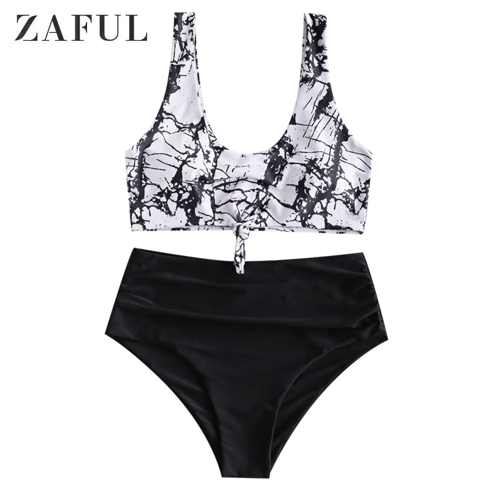 Сплошной купальник-танкини с высокой талией и мраморным принтом | Женская одежда