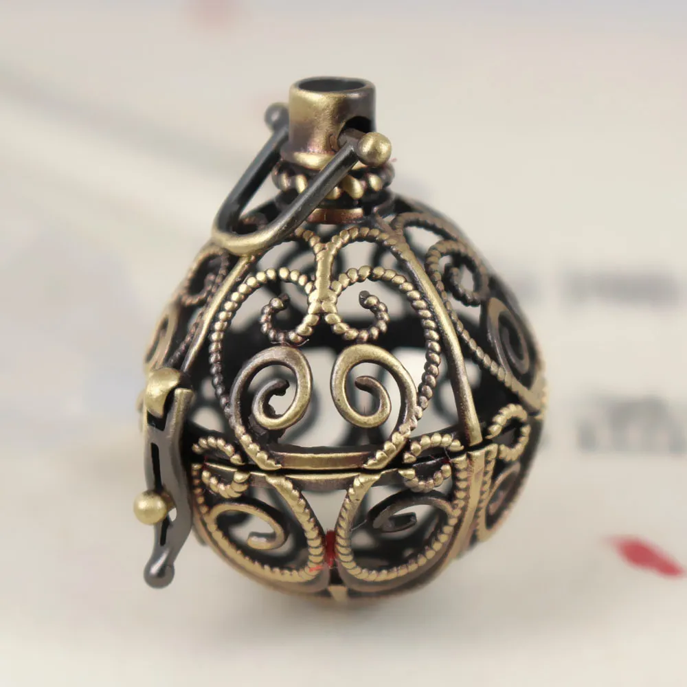 

Antique Bronze Brushed Brass Round Wish Prayer Box Filigree Hollow Locket Cage Pendant Essential Oil Diffuser Findings Craft