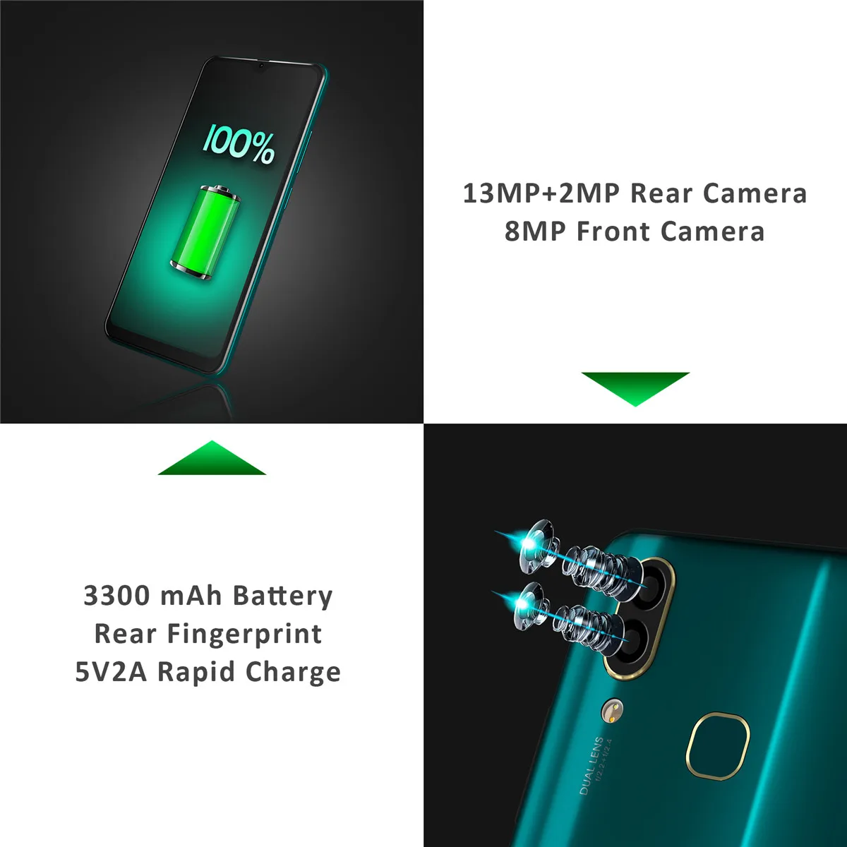 LEAGOO S11, 4 ГБ, 64 ГБ, мобильный телефон, 3300 мАч, 6,3 дюйма, дисплей в виде капли воды, Восьмиядерный, 13 МП, двойная камера, отпечаток пальца, мобильный телефон, черный/зеленый