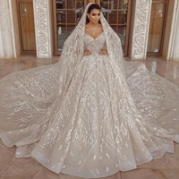 luxury arabic lace wedding dresses 2021 ball gown long sleeve sequins beaded bridal wedding gowns with long train %d0%bf%d0%bb%d0%b0%d1%82%d1%8c%d0%b5
