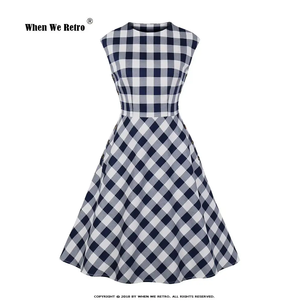 

2021 Новое поступление хлопковая Футболка в стиле ретро стиль 50-х 60-х годов платье в клетку на кнопках VD2064 без рукавов летние платья