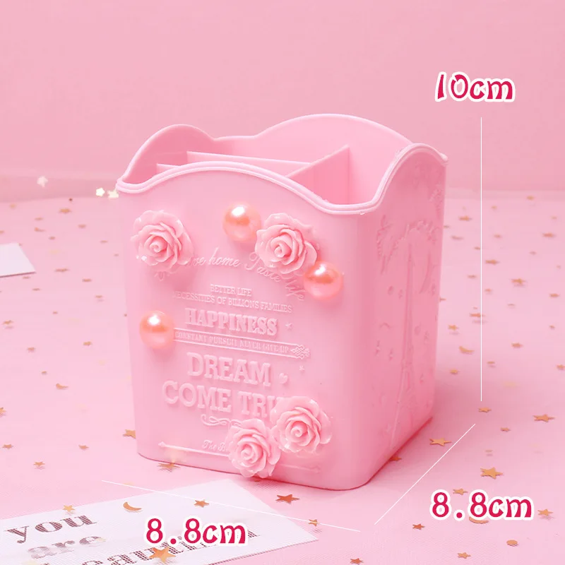 3 Pink Carve Cosmetic Brush Storage Box Holder Makeup Skin Care Rack Mobile Phone Stationery Organizer Container Pencil Bucket Bin - Цвет: 3