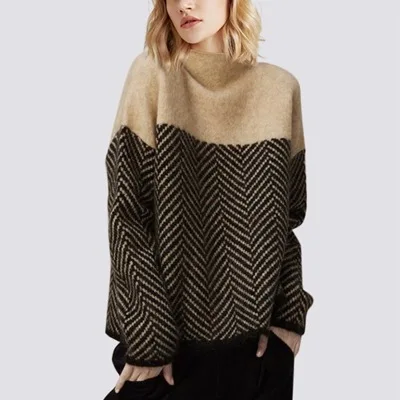 

Новинка 2021, вязаные пуловеры с высоким воротником на осень и весну, свободный свитер, многоцветный свитер с длинным рукавом, минималистский ...