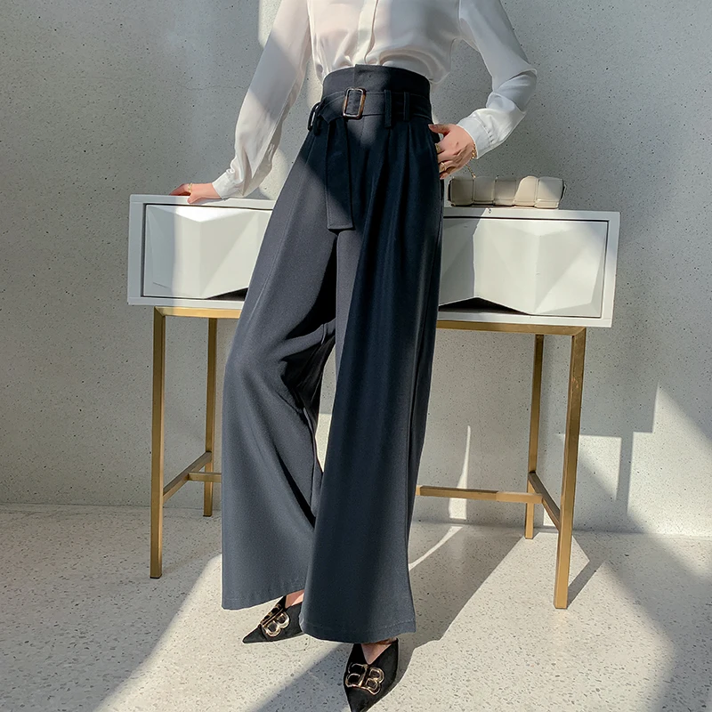 Pop chic women's straight wide leg pants with belt New Spring Summer female casual loose high waist pants Trousers