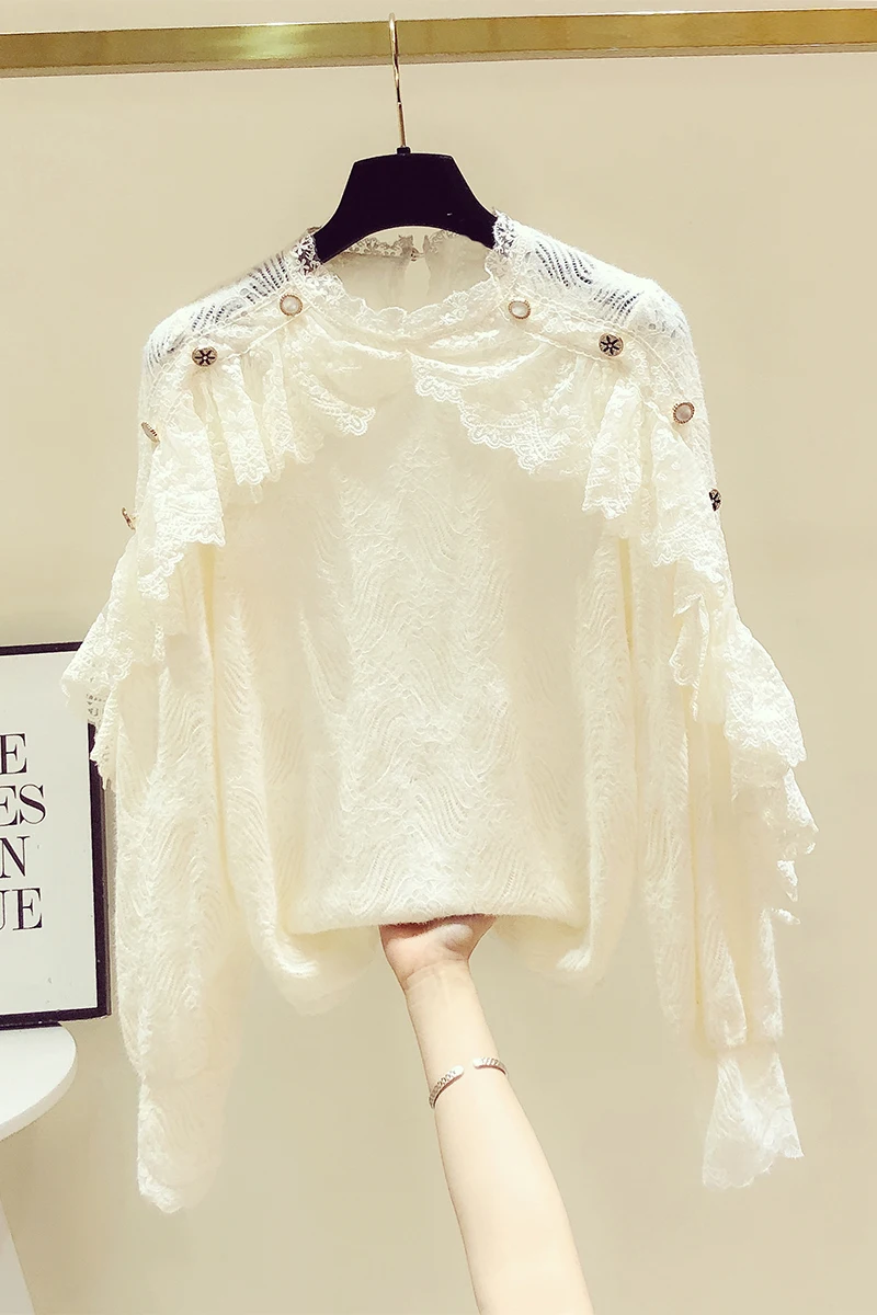 

2021 Spring Women Lace Shirt Ruffled Stitching Long-Sleeved Top Crocheted Hollow Stand Collar Lace Shirts Elegant Womans Blouse