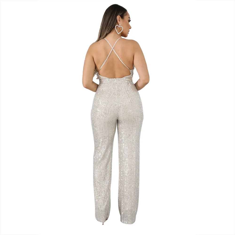 

Women's Clothing Summer 2021 Fashion Nightclub Sequined Mid-length Sexy Halter Halter Jumpsuit Elegant WomanJumpsuits LOUAEE