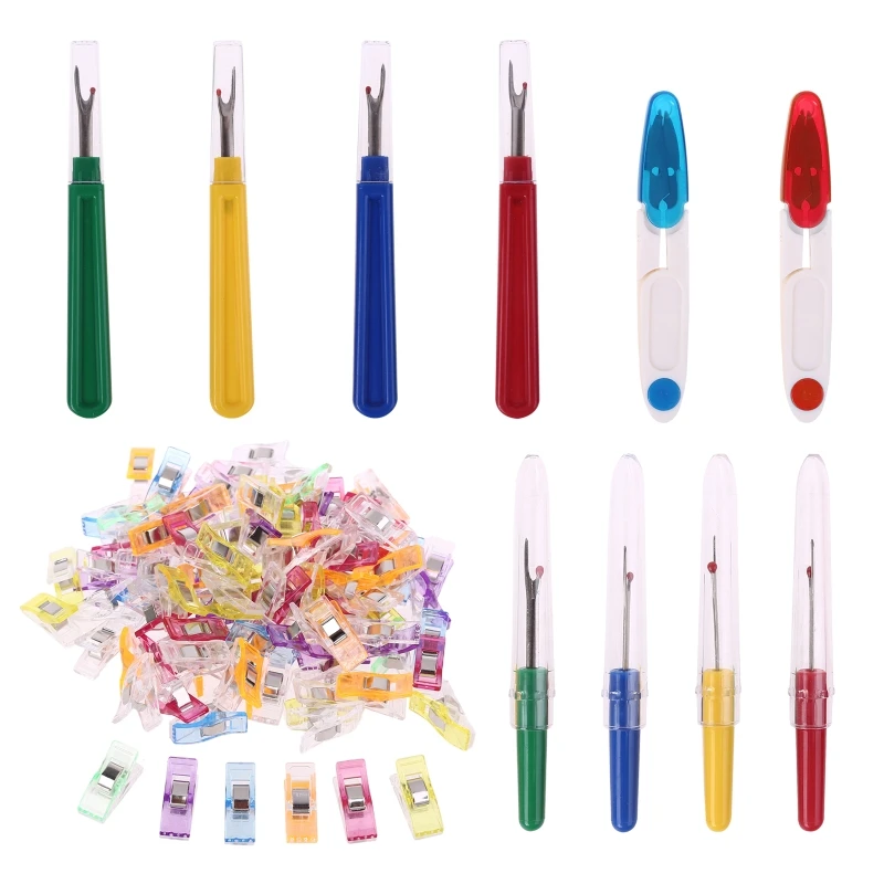 

100pcs Multipurpose Plastic Sewing Clips with 8pcs Seam Ripper Thread Remover 2pcs Yarn Scissors Kit Craft Supplies