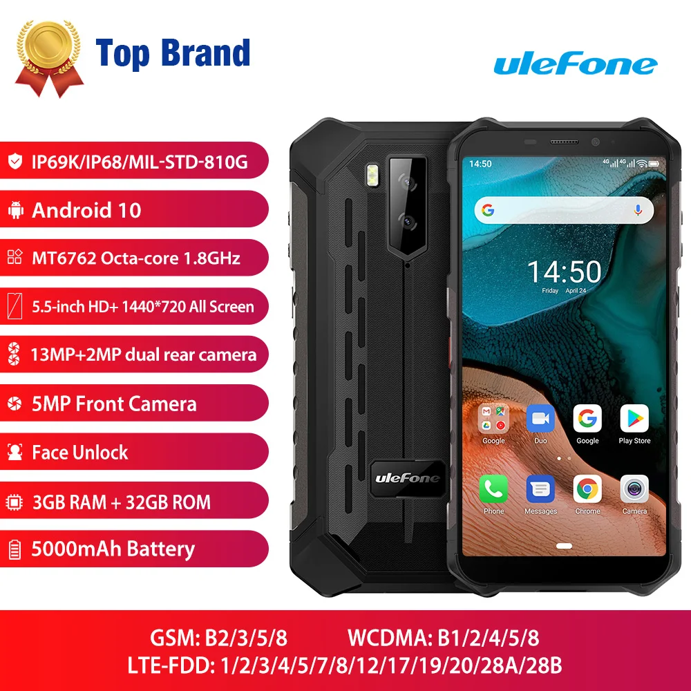 Ulefone Armor X5 Smartphone Android 10 MT6762 Octa Core Ip68 Rugged 4G LTE Mobile Phone Waterproof Cell 3GB 32GB NFC | Мобильные