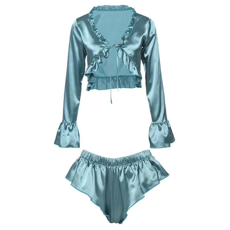 Летний сексуальный пижамный комплект женский синий шелковый атласный с длинным