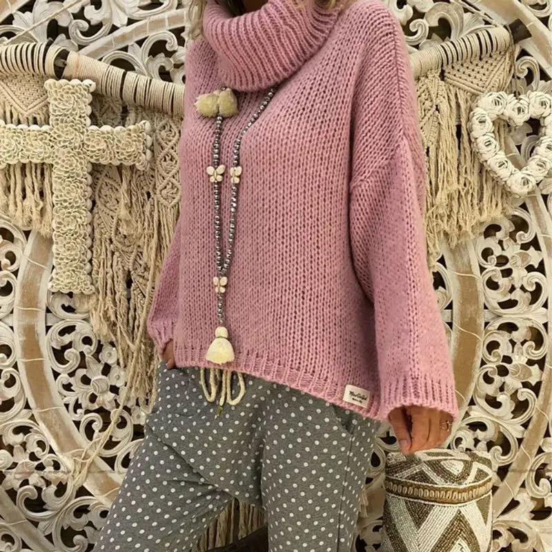 

2021 Autumn Winter Casual Loose Knitted Pullover Women Turtleneck Sweater Solid Flare Sleeve Basic Female Jumpers Top Large Size