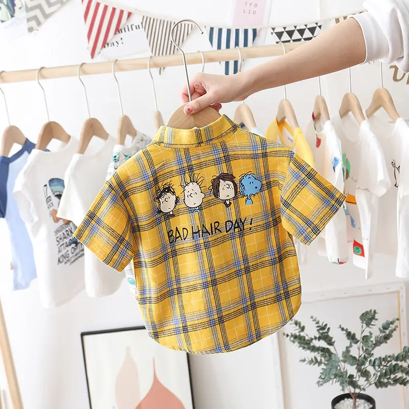 Детская рубашка в клетку с коротким рукавом и карманами|Рубашки| |