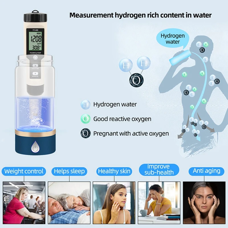 

GTBL 4 in 1 H2/PH/ORP/TEMP Meter Digital Water Quality Monitor Tester for Pools, Drinking Water, Aquariums