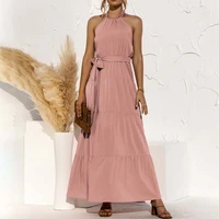 summer women solid color neck mounted halter sleeveless dresses ankle length backless stitching strapless ladies maxi dress