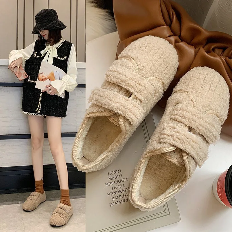 

Velcro plus fluffy shoes women's winter 2021 new women's shoes Korean flat-bottomed lazy one-legged peas cotton shoes