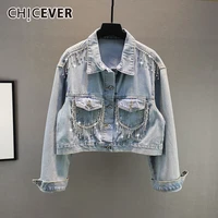 chicever casual tassel denim jacket for women lapel long sleeve patchwork pockets coat female fashion spring new clothing 2021