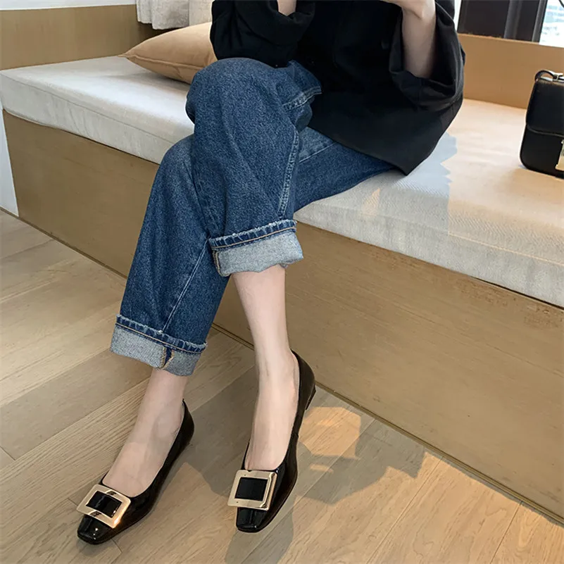 Meotina Natural Genuine Leather Flats Shoes Women Square Toe Casual Footwear Metal Decoration Shallow Shoes Ladies Spring 2021