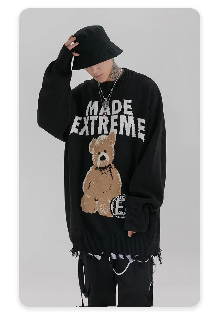

Harajuku Casual Knitwear Sweater Hip Hop Men Embroidery Bears Knitted Jumper Sweaters Women Streetwear Fashion Tops Male O-Neck