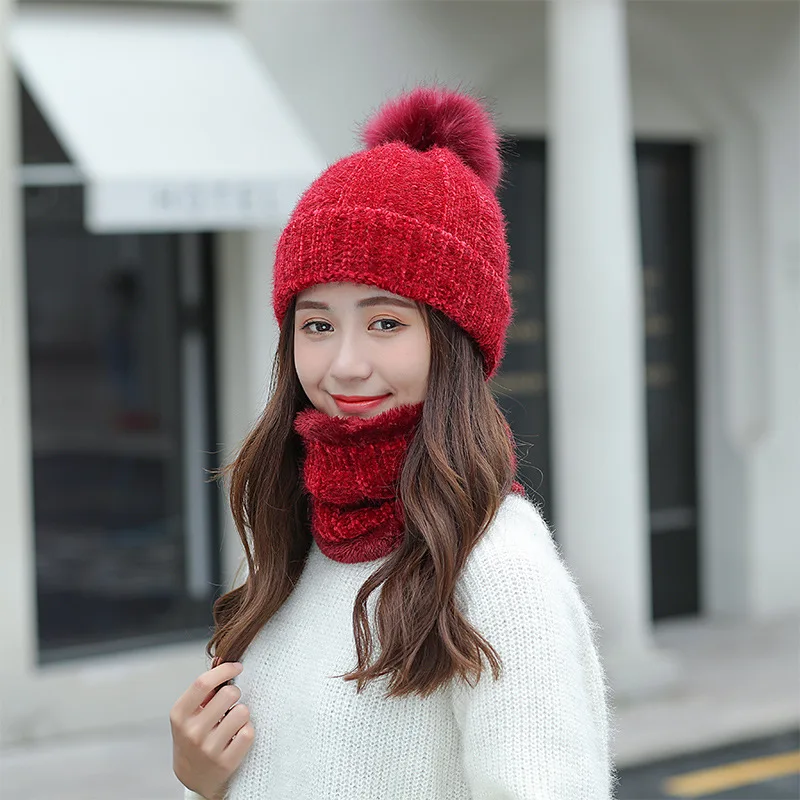 Hat Scarf Set Winter Women Plus Velvet Thick Warm Outdoor Sport Chenille Knit Hat And Scarf Korean Female Beanies Caps F24810AD