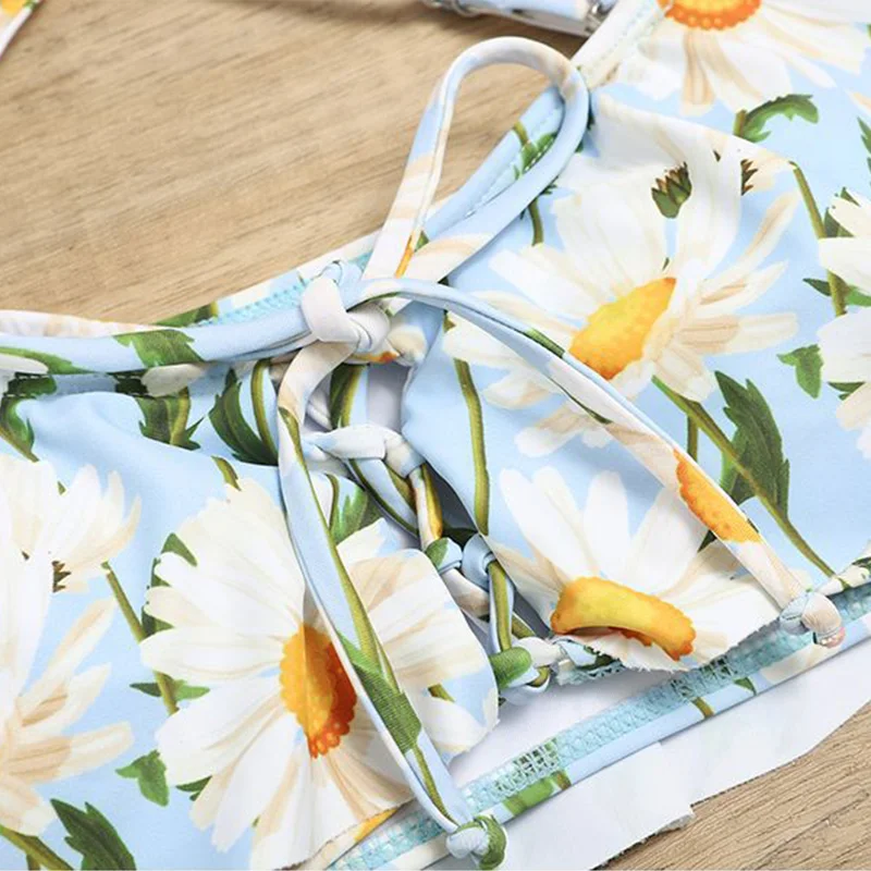 

2021 Summer Sexy Small Daisy Print Ruffle Bikinis Women Swimsuit High Waist Swimwear With Tie Brazilian Bathing Suit Burkini