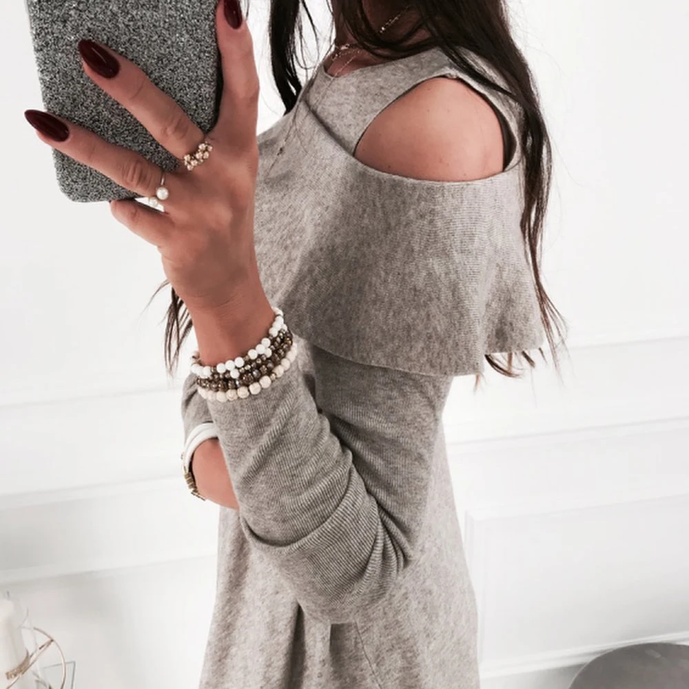

Lady Autumn Loose Irregular Hem Ruffle Mini Dress Women Spring Long sleeve O Neck Cold Shoulder short Dress For Female D30