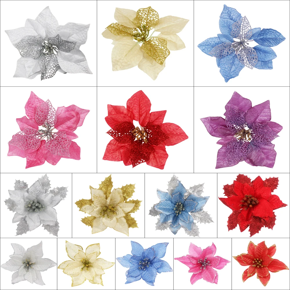 12pcs/lot Artificial Christmas Flowers Plastic&Cloth Glitter Hollow Flower For Christmas Tree Decoration DIY Xmas New Year Decor