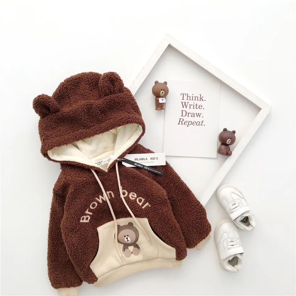 Tonytaobaby/Новинка; зимняя детская одежда для мальчиков и девочек; флисовая толстовка с капюшоном с изображением медведя и кролика