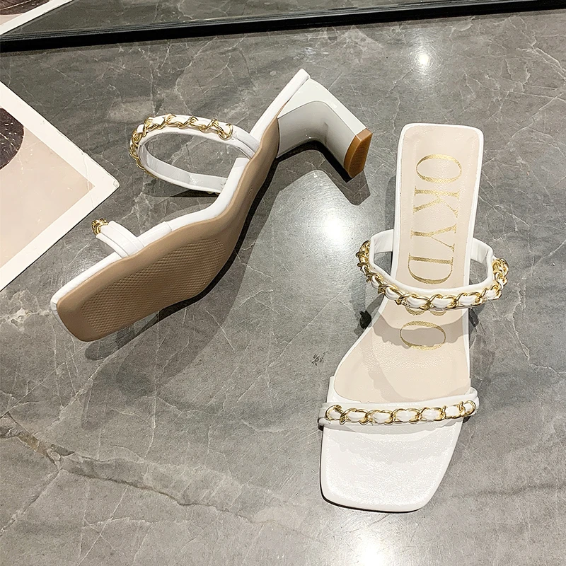 

Wohdhe Casual Outdoor Women Slippers Weave Narrow Band Chain Flat Comfortable Open Toe Relaxing Hoof Heels 6.5 cm Show Long Legs