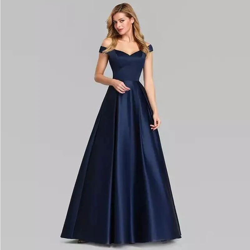 

Elegant Off-the-Shoulder Floor-Length Dew Shoulder Ball Gown Pleats Simple Draped Navy Blue 2021 New Glamorous Evening Dresses