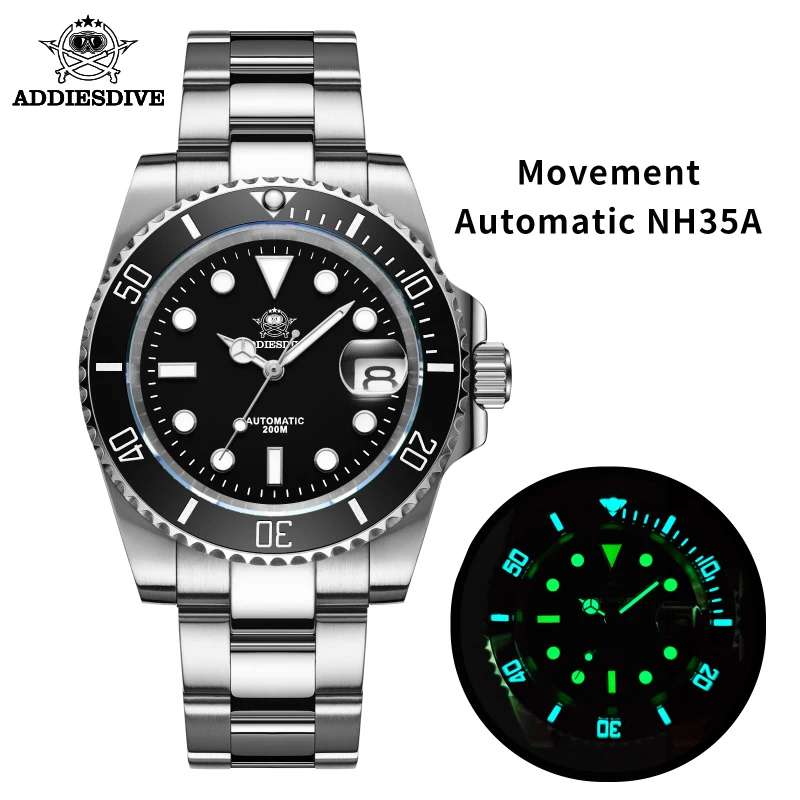 Мужские часы Addies Dive с автоподзаводом Sapphire NH35 стальные 200 м для дайвинга BGW9