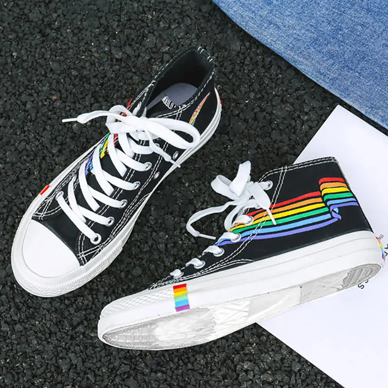 

Women Vulcanized Shoes 2020 High Top Sneakers Women Shoes Rainbow Canvas Shoes Flats White Black Tenis Feminino Basket Femme